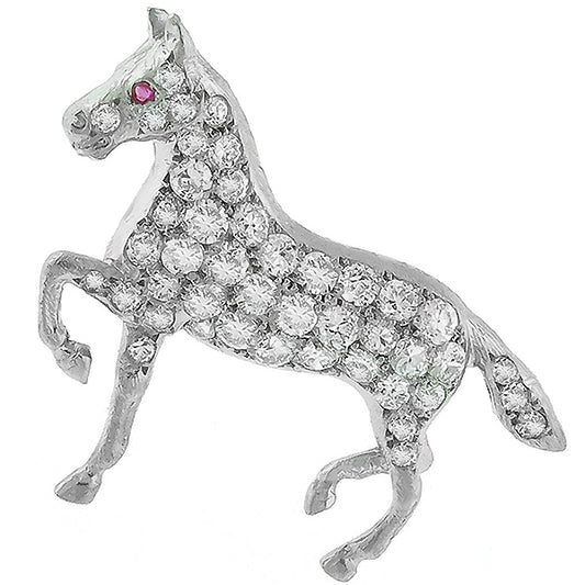Estate 1.00ct European Cut Diamond Ruby Platinum Horse Pin