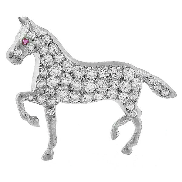 Estate 1.00ct European Cut Diamond Ruby Platinum Horse Pin