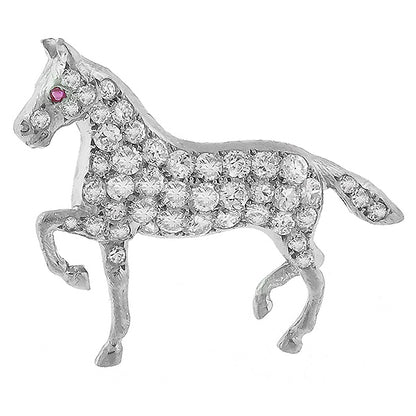 Estate 1.00ct European Cut Diamond Ruby Platinum Horse Pin
