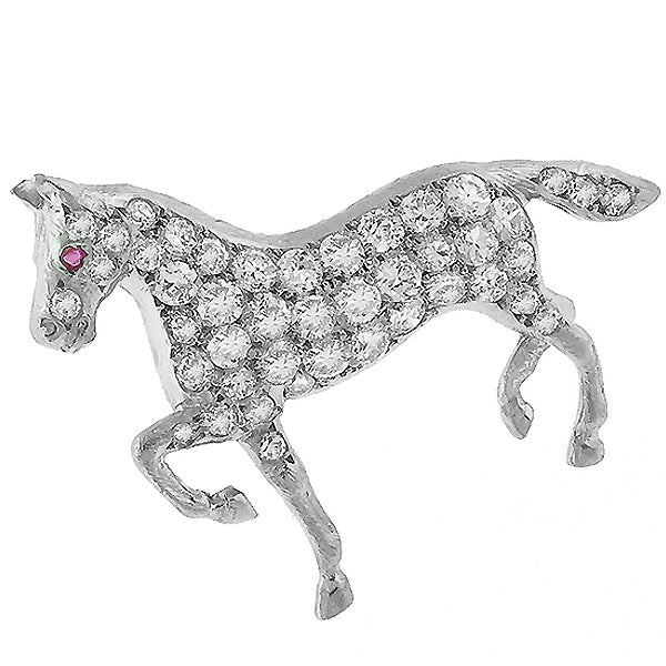 Estate 1.00ct European Cut Diamond Ruby Platinum Horse Pin