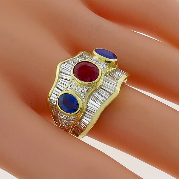 Vintage 1 Carat Ruby 1.5 Carat Sapphire 2.5ct Diamond 18 Karat Yellow Gold Ring
