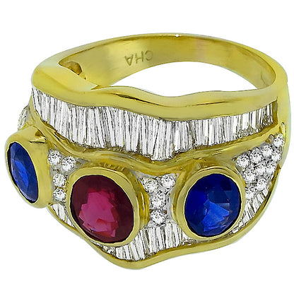 Vintage 1 Carat Ruby 1.5 Carat Sapphire 2.5ct Diamond 18 Karat Yellow Gold Ring