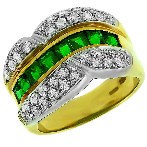 Estate 1.20ct Square Cut Emerald 1.25ct Round Cut Diamond 14k Yellow Gold Ring