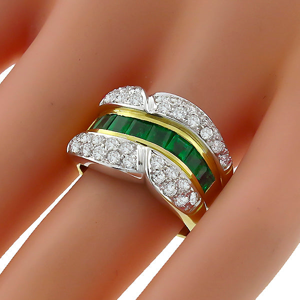 Estate 1.20ct Square Cut Emerald 1.25ct Round Cut Diamond 14k Yellow Gold Ring