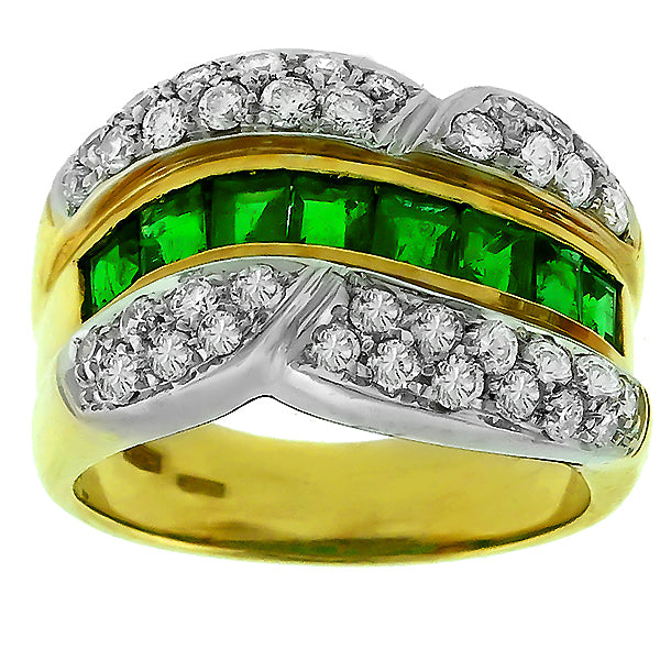 Estate 1.20ct Square Cut Emerald 1.25ct Round Cut Diamond 14k Yellow Gold Ring