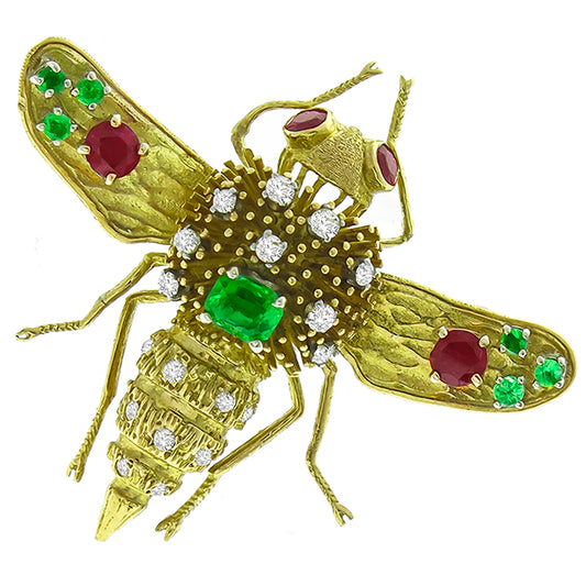 Vintage Multi Color Precious Stone and Diamond 18k Yellow Gold Bee Pin