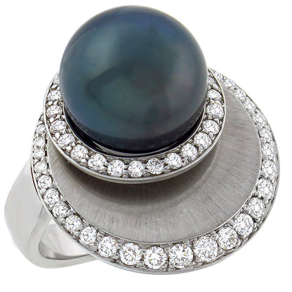 Estate 12mm Black South Sea Pearl 1.40ct Round Cut Diamond 18k White Gold Ring