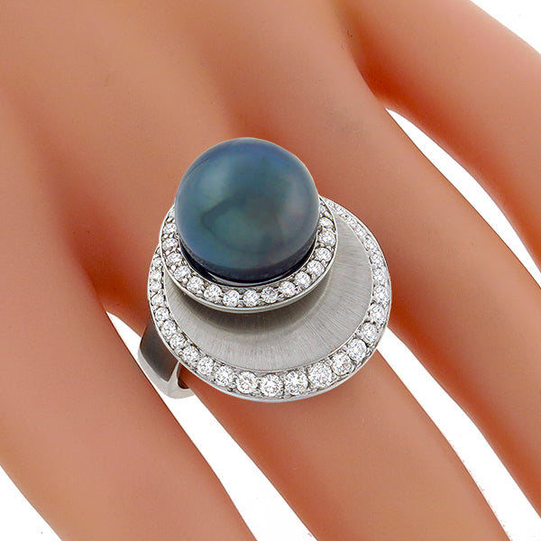 Estate 12mm Black South Sea Pearl 1.40ct Round Cut Diamond 18k White Gold Ring