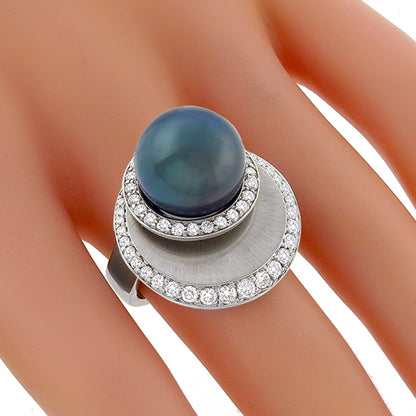 Estate 12mm Black South Sea Pearl 1.40ct Round Cut Diamond 18k White Gold Ring