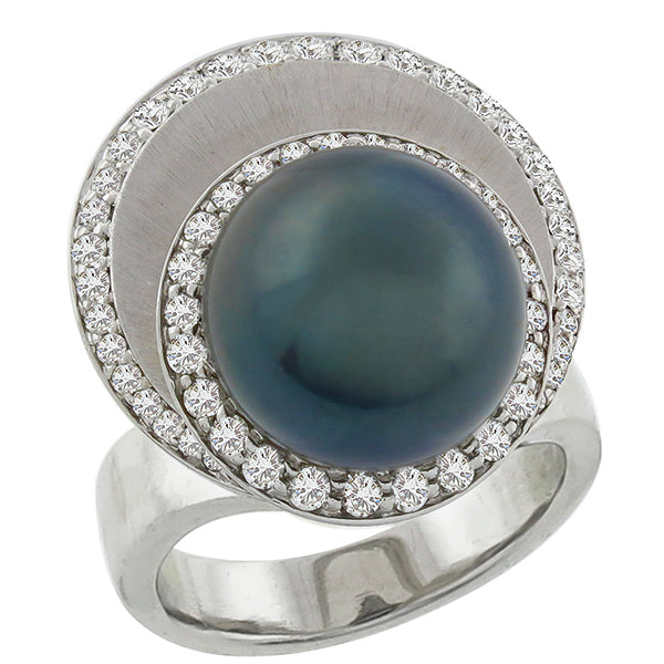 Estate 12mm Black South Sea Pearl 1.40ct Round Cut Diamond 18k White Gold Ring