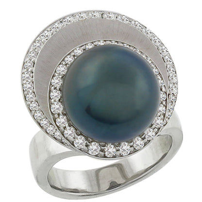 Estate 12mm Black South Sea Pearl 1.40ct Round Cut Diamond 18k White Gold Ring