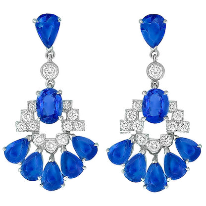 Art Deco Style Sapphire Diamond 18k White Gold Chandelier Earrings