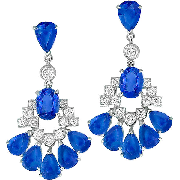 Art Deco Style Sapphire Diamond 18k White Gold Chandelier Earrings
