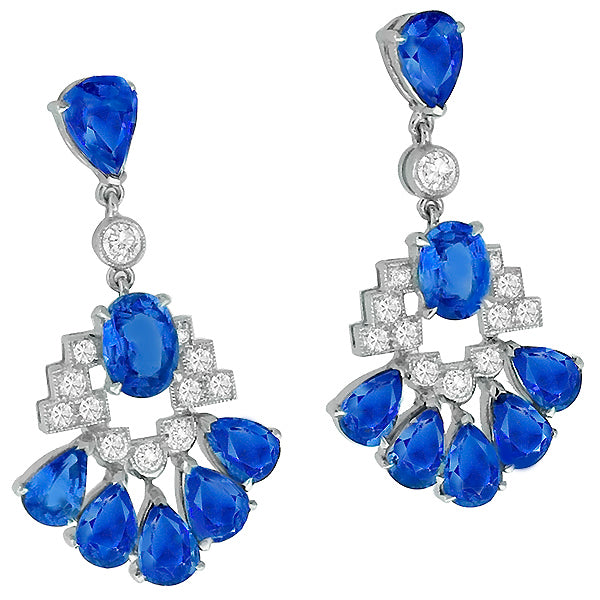 Art Deco Style Sapphire Diamond 18k White Gold Chandelier Earrings