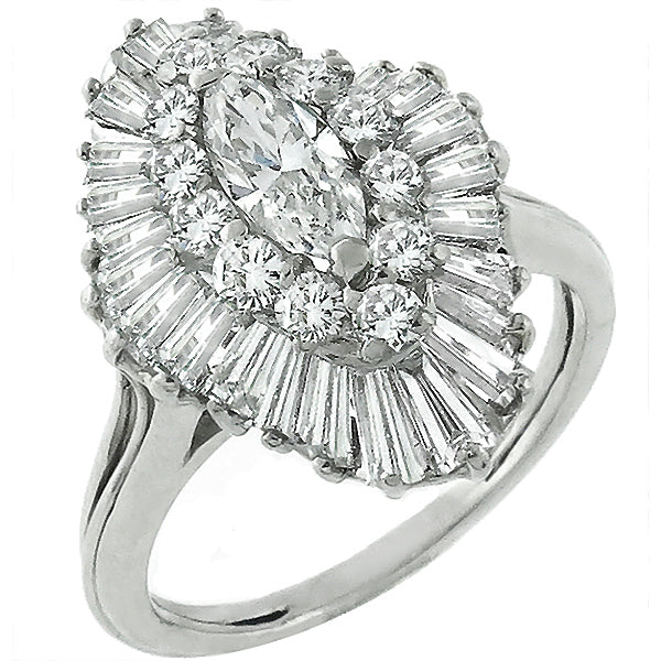 Estate 1.50ct Marquise, Round & Baguette Diamond Platinum Ballerina Ring