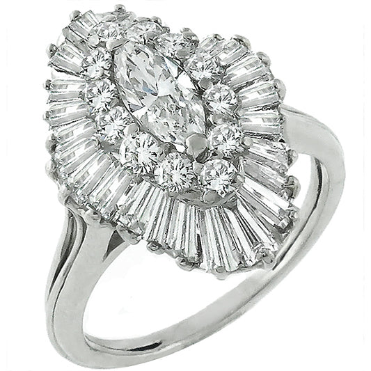 Estate 1.50ct Marquise, Round & Baguette Diamond Platinum Ballerina Ring