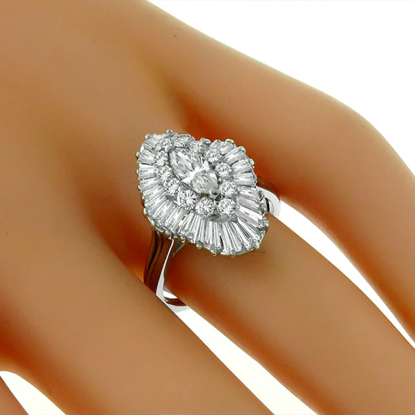 Estate 1.50ct Marquise, Round & Baguette Diamond Platinum Ballerina Ring