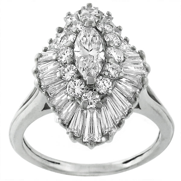 Estate 1.50ct Marquise, Round & Baguette Diamond Platinum Ballerina Ring
