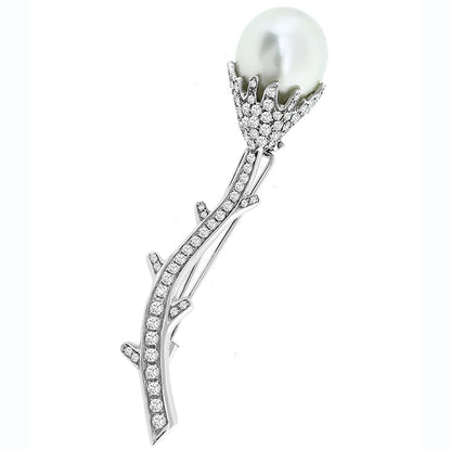 Estate 1.50ct Round Diamond 15.5mm South Sea Pearl 18k White Gold Flower Pin