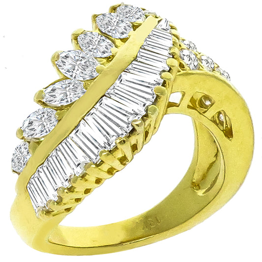 Vintage Marquise, Baguette & Round Cut Diamond Cluster 18k Yellow Gold Ring