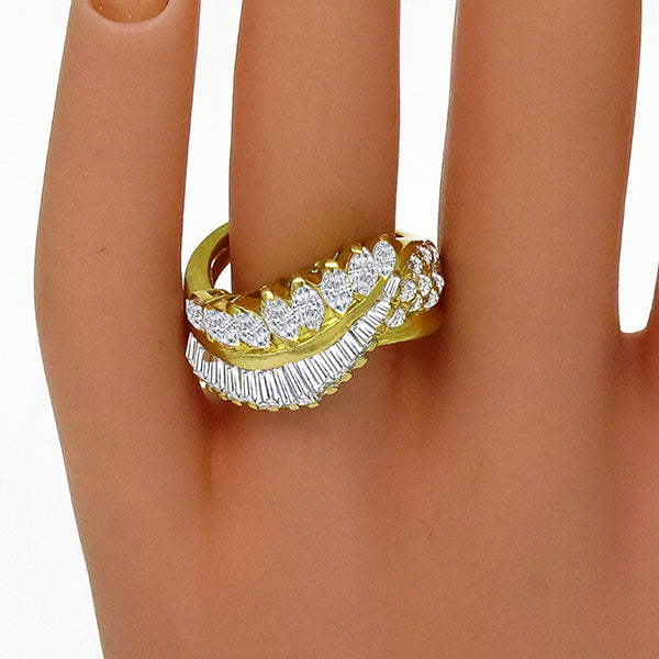 Vintage Marquise, Baguette & Round Cut Diamond Cluster 18k Yellow Gold Ring