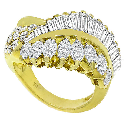 Vintage Marquise, Baguette & Round Cut Diamond Cluster 18k Yellow Gold Ring