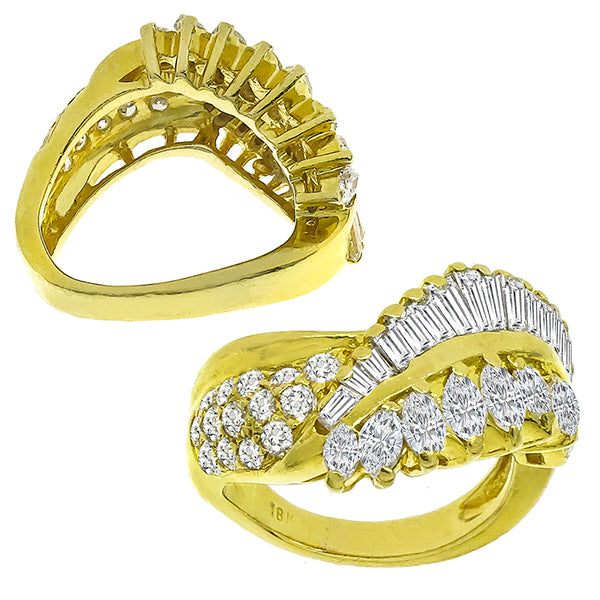 Vintage Marquise, Baguette & Round Cut Diamond Cluster 18k Yellow Gold Ring