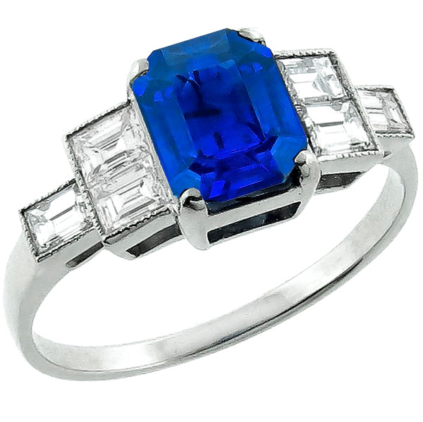 Art Deco Emerald Cut Ceylon Sapphire Baguette Diamond Platinum Engagement Ring
