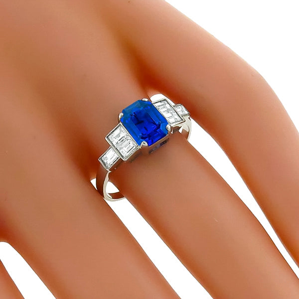 Art Deco Emerald Cut Ceylon Sapphire Baguette Diamond Platinum Engagement Ring