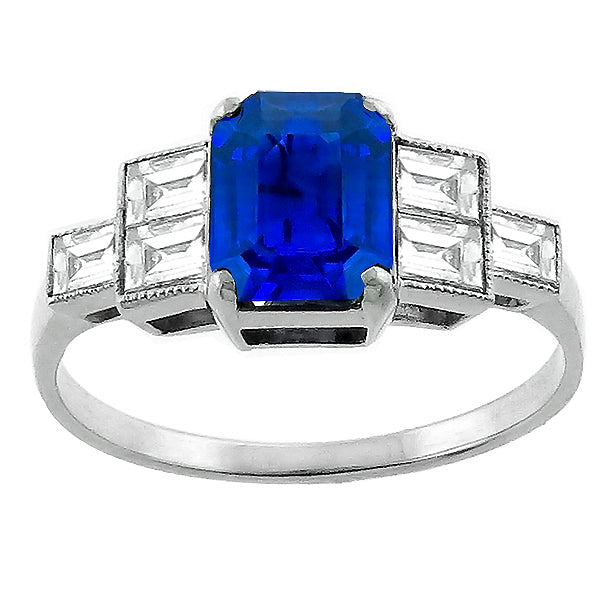Art Deco Emerald Cut Ceylon Sapphire Baguette Diamond Platinum Engagement Ring