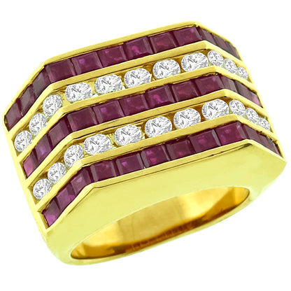 Estate 1.80ct   Princess Cut Ruby 1.10ct Round Cut Diamond  18k Yellow Gold Ring
