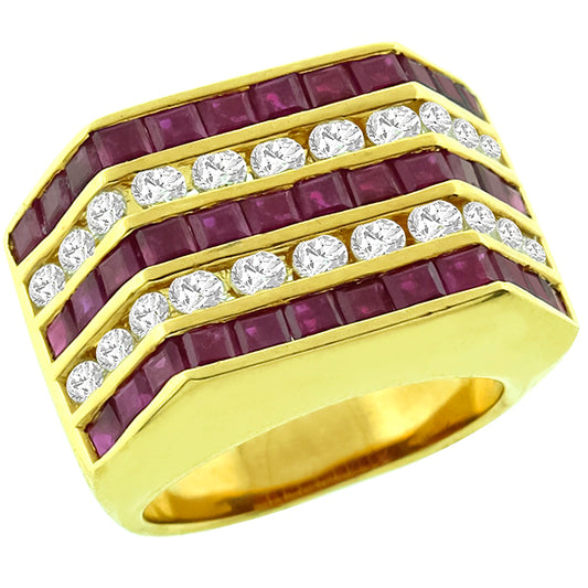 Estate 1.80ct   Princess Cut Ruby 1.10ct Round Cut Diamond  18k Yellow Gold Ring