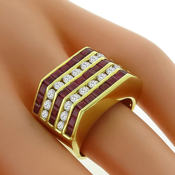 Estate 1.80ct   Princess Cut Ruby 1.10ct Round Cut Diamond  18k Yellow Gold Ring