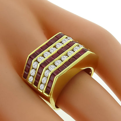 Estate 1.80ct   Princess Cut Ruby 1.10ct Round Cut Diamond  18k Yellow Gold Ring