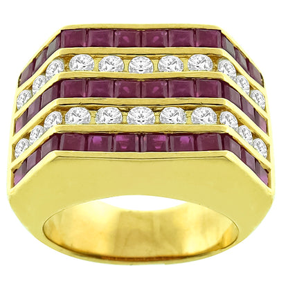 Estate 1.80ct   Princess Cut Ruby 1.10ct Round Cut Diamond  18k Yellow Gold Ring