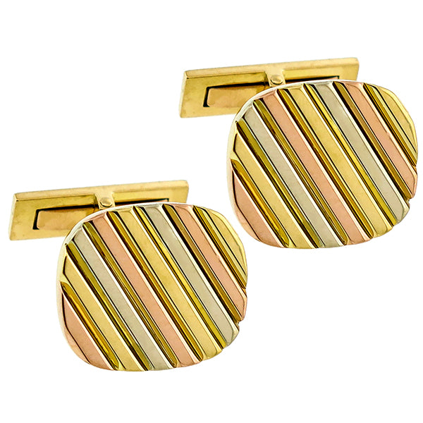 Estate 18k Yellow, Pink & White Gold  Pin Stripe Cufflinks