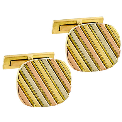 Estate 18k Yellow, Pink & White Gold  Pin Stripe Cufflinks