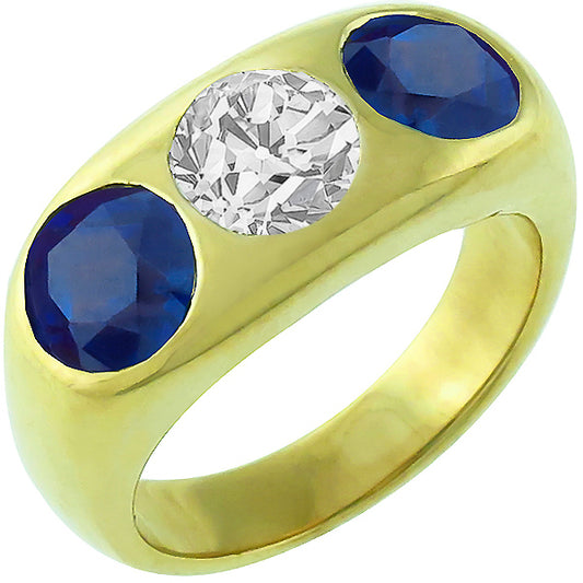 1920s Old Mine Cut Diamond 1.60ct Round Cut Ceylon Sapphire 18k Yellow Gold Ring