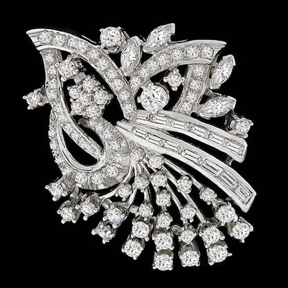 Estate 1950s 2.50ct Round Cut Diamond 14k White Gold Floral Bouquet Pin