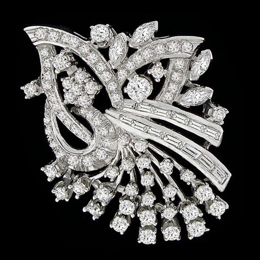 Estate 1950s 2.50ct Round Cut Diamond 14k White Gold Floral Bouquet Pin