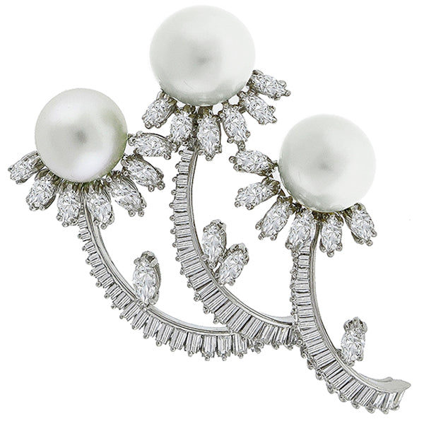 Estate 1950s 6.00ct Marquise & Baguette Cut Diamond Pearl Platinum Pin