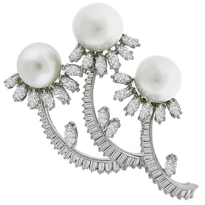 Estate 1950s 6.00ct Marquise & Baguette Cut Diamond Pearl Platinum Pin