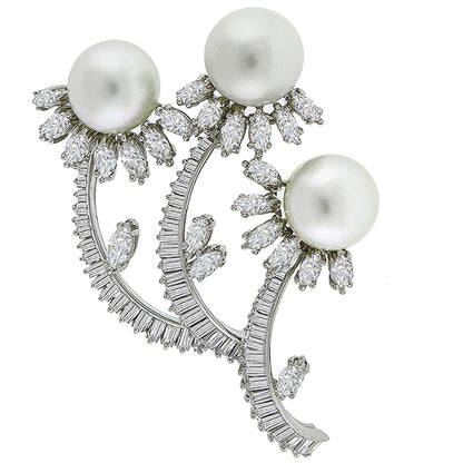 Estate 1950s 6.00ct Marquise & Baguette Cut Diamond Pearl Platinum Pin
