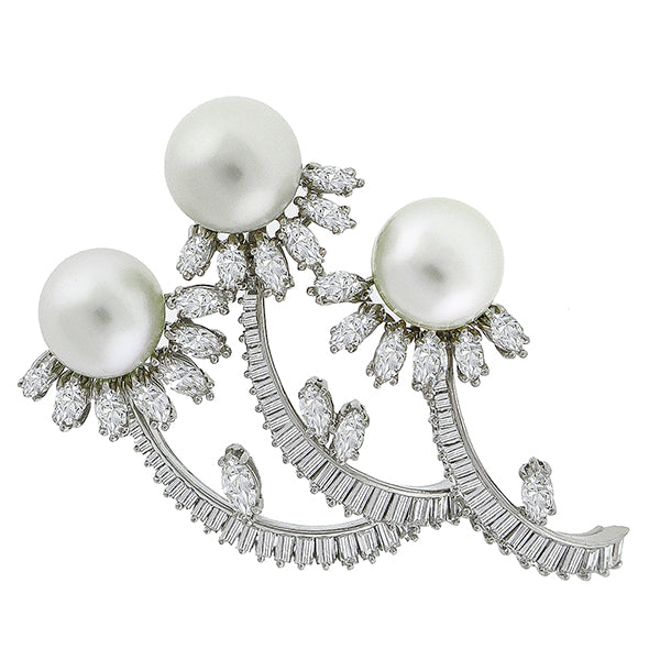 Estate 1950s 6.00ct Marquise & Baguette Cut Diamond Pearl Platinum Pin