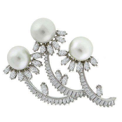 Estate 1950s 6.00ct Marquise & Baguette Cut Diamond Pearl Platinum Pin
