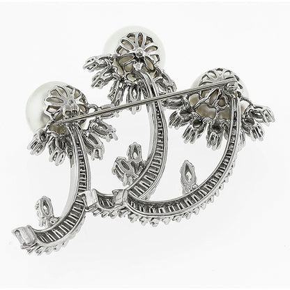 Estate 1950s 6.00ct Marquise & Baguette Cut Diamond Pearl Platinum Pin