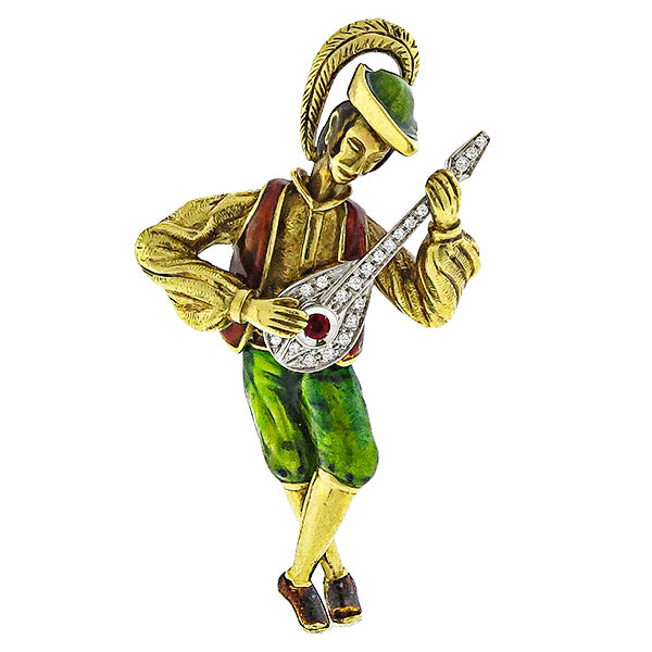 1960s 1.00ct Diamond Ruby Enamel 18k Yellow Gold Banjo Player Pin