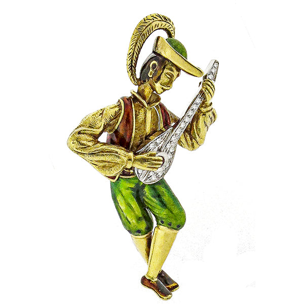 1960s 1.00ct Diamond Ruby Enamel 18k Yellow Gold Banjo Player Pin