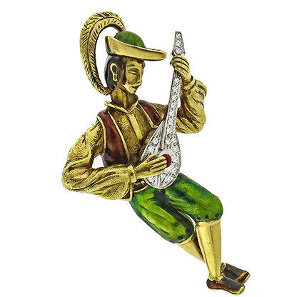 1960s 1.00ct Diamond Ruby Enamel 18k Yellow Gold Banjo Player Pin