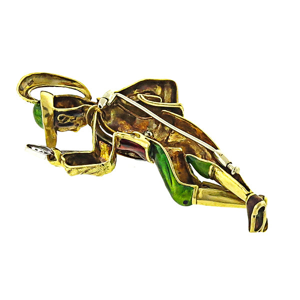 1960s 1.00ct Diamond Ruby Enamel 18k Yellow Gold Banjo Player Pin